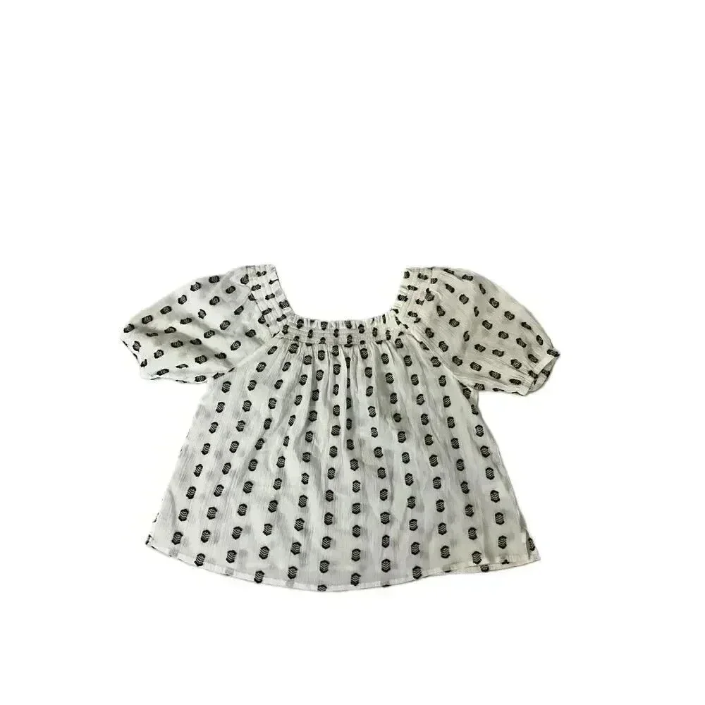 LOFT Black White Patterned Square Neck Short Puff Sleeve Peasant‎ Blouse Size MP